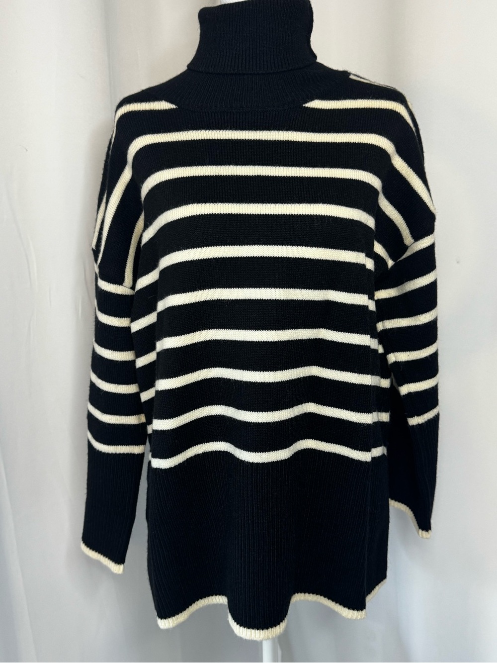 Pull Black Cream Striped Oversized Turtleneck Sweater S/M